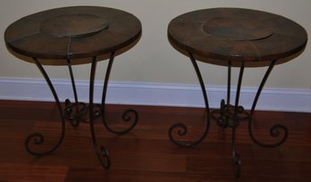 Pair Of Rustic Round Copper Top Accent Tables With Iron Base