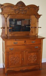 Antique Carved Oak Sideboard Buffet With Ornate Mirrored Backsplash