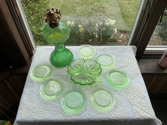 Depression Green Glass, Lamp, Plates, Serving Dish In Clover Design