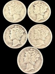 Lot Of 5 Mercury Silver Dimes 1941, 1942, 1943, 1944, 1945
