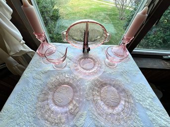 Pink Depression Glass Lot With C & S Applied Clear Handles, Etched Plates,