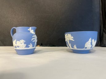 Antique Wedgwood Blue Jasperware Mini Cream And Sugar Set