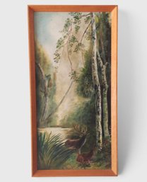 Nice Signed Vintage Landscape With River & Deer Oil On Canvas Painting