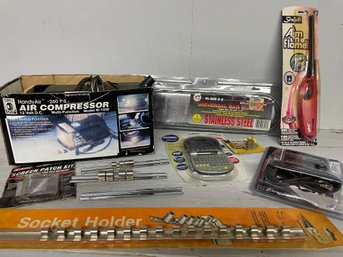 Misc Box Lot With Air Compressor, Socket Holders And More
