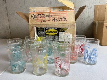 Mid Century Modern Flintstones Welches Jelly Jars, Circa 1960s, BOX LOT, 12 Piece