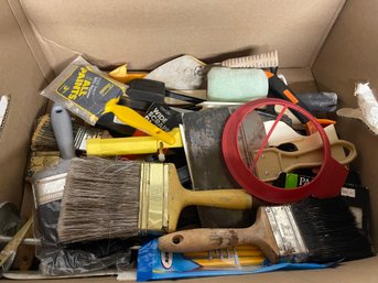 3rd Painters Box Lot With Lots Of Brushes Plus Small Saw, Pencils Etc.