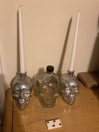 Glass Skull Bottle And 2 Skull Candle Holders
