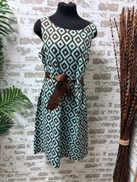 Vibrant Kim Rogers Teal & Chocolate Sleeveless Dress Size 14
