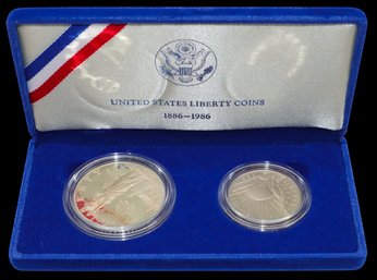 .900 Fine Silver .86 Troy Oz. 1986 Liberty Silver Dollar & .36 Troy Oz. Half Dollar Coin In Original Box