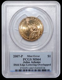 2007-P Mint Error John Adams $1 Doubled Edge Lettering - Overlapped PCGSMS64
