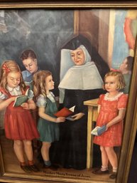 Vintage Print Of Nun With School Children Gold Painted Wood Frame