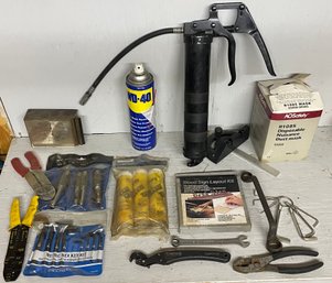 Grease Gun Box Lot With Hollow Punches, Wrenches, WD40, Grease, And Much More!