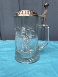Vintage German Heavy Etched Golf Stein Glass With Lid