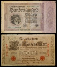 1910-1923 Large Germany Banknotes Inflationary Currency Pair $100,000 & $1,000