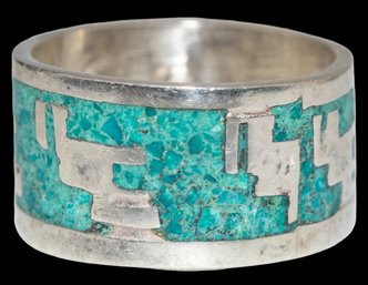 Vintage Mexico Silver Turquoise Inlay Band Ring - Size 6.5