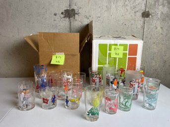 BOX LOT, Cartoon Tumblers & Collectible Jelly Jars, Tom Jerry, Flintstones, Happy 1930s Dwarf, Bosco Bear, MOR