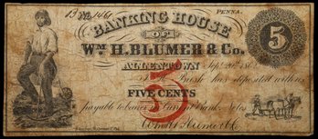 1862 Allentown Pennsylvania Obsolete Currency Bank Note Bill 5 Cents