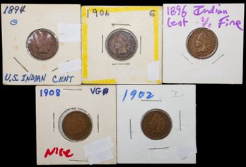 Nice Collection Of Indian Head Cents: 1894, 1896, 1902, 1906, 1908