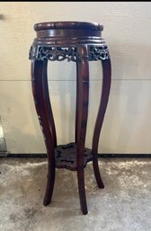 Mid-Century Chinese Carved Teakwood Marble Top Tiered Pedestal Stand Table