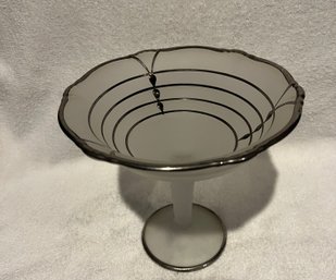Vintage Frosted Clear Glass Pedestal Bowl With Silver Overlay Design In Art Nouveau