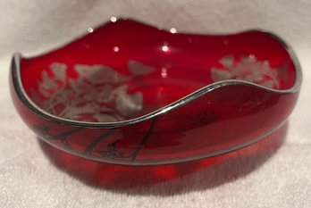 Vintage Striking Red Bowl With Silver Overlay
