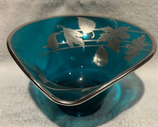 Viking Teal Art Glass Folded Bowl With Silver Overlay