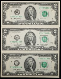 Crisp Consecutive Uncirculated $2 Federal Reserve Notes Green Seal