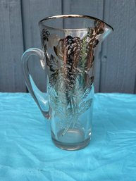Vintage Tall Glass Pitcher With Sterling Silver Floral Design