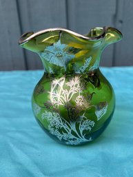 Viking Co. Sterling Silver Overlay On Green Glass Vase In Flanders Pattern