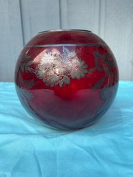 Vintage Viking Ruby Red Glass With Floral Silver Overlay Bowl