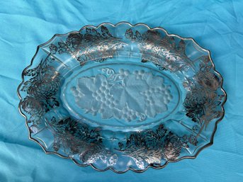 Vintage Glass Fall Art Nouveau Grape Intaliago & Sterling Silver Overlay Platter