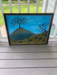 Vintage Painting Of Tree On Hill