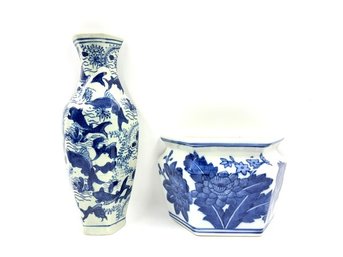 Pairing Of Blue & White Wall Pockets