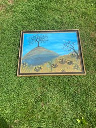 Vintage Original Painting , Trees On Hill