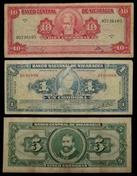 1958-1962 Collection Of Nicaragua Banknotes $1, $5, $10 Cordoba