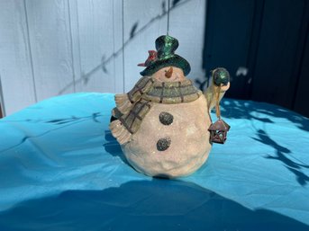 Glitter Snowman Holding Lantern & Bird On Its Hat