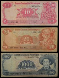1979-1985 Collection Of Nicaragua Bank Notes 10, 20, 1000 Cordobas