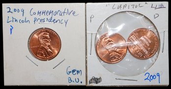 2009 Lincoln One Cent Brilliant Uncirculated And 2 Capitol One Cent Coin Collection