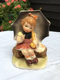 Mid Century 1950s Hummel Copy Japan Made Porcelain Umbrella Rainy Day Figurine