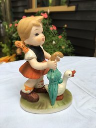 Mid Century 1950s Hummel Copy Japan Made Porcelain Clearing Rain Umbrella Goose Figurine