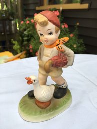 Mid Century 1950s Hummel Copy Arnart Hand Painted Erich Stauffer Porcelain Rain Stopped Goose Figurine