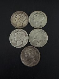 Lot Of 5 Mercury Silver Dimes Miscellaneous Dates