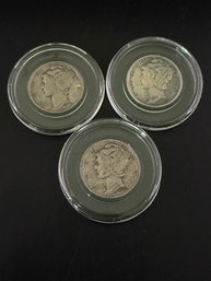 Lot Of 3 Mercury Silver Dimes 1942, 1942-D, 1942-S