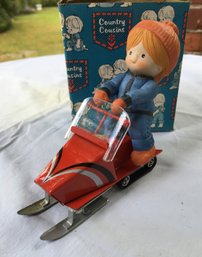 70s-80s Enesco Country Cousins 'Scooter On Snowmobile' No. E-6908 - New Old Stock Unused Figurine Set In Box