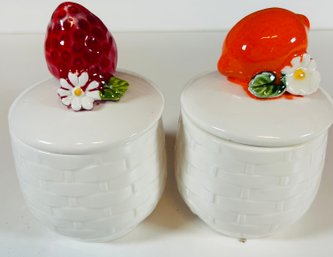 Pair Of Vintage Basketweave Ceramic Jam Jars