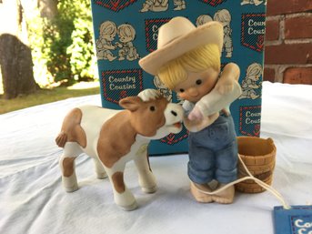 70s-80s Enesco Country Cousins 'Scooter Feeding Calf' No. E-4380 - New Old Stock Unused Figurine Set In Box