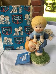 70s-80s Enesco Country Cousins 'Playing Hopping' No. E-7580 - New Old Stock Unused Figurine Set In Box