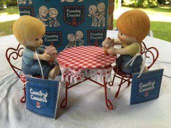 70s-80s Enesco Country Cousins 'In Soda Shop' No. E-8275 - New Old Stock Unused Figurine Set In Box