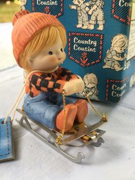 70s-80s Enesco Country Cousins 'Katie Sledding' - New Old Stock Unused Figurine Set In Box