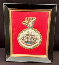 Vintage Fabric Piece With Trapunto Work In Wooden Frame